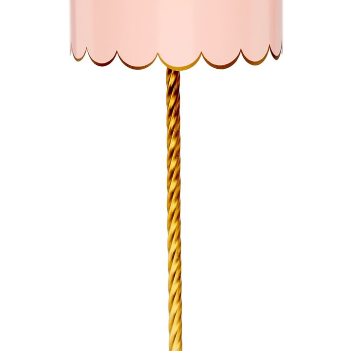 Blush lamp shade with twisted gold pole support