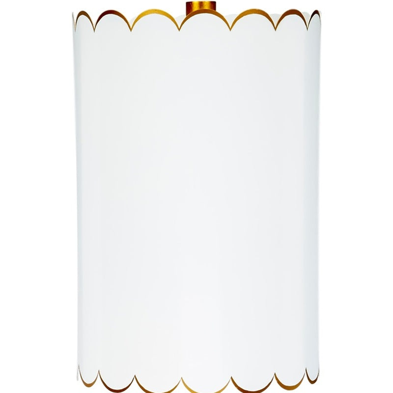 White fabric buffet lamp shade with scalloped gold trim, 8x8x12 in.