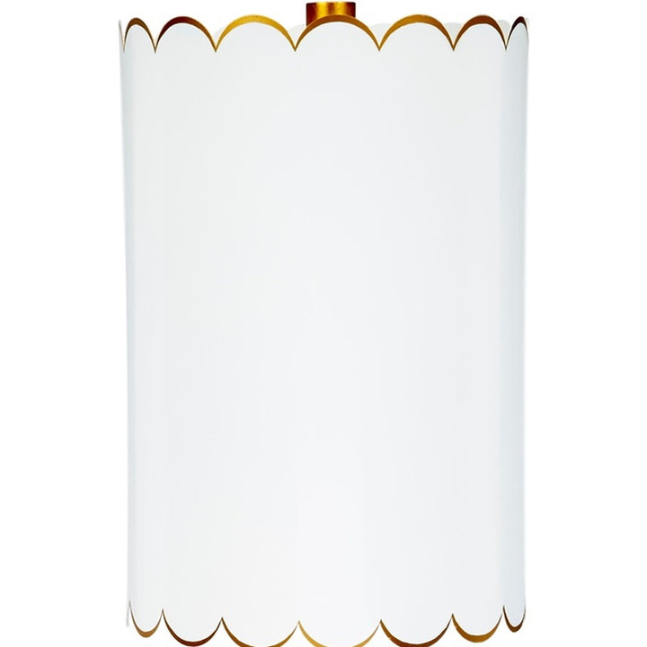 White fabric buffet lamp shade with scalloped gold trim, 8x8x12 in.