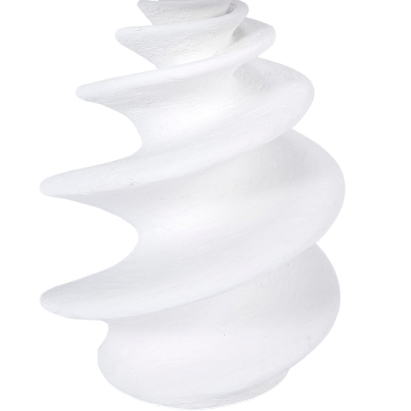 White gesso shell-style spiral lamp base with linen drum shade