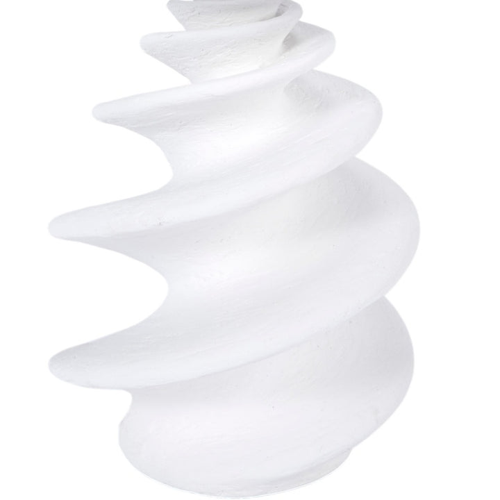 White gesso shell-style spiral lamp base with linen drum shade