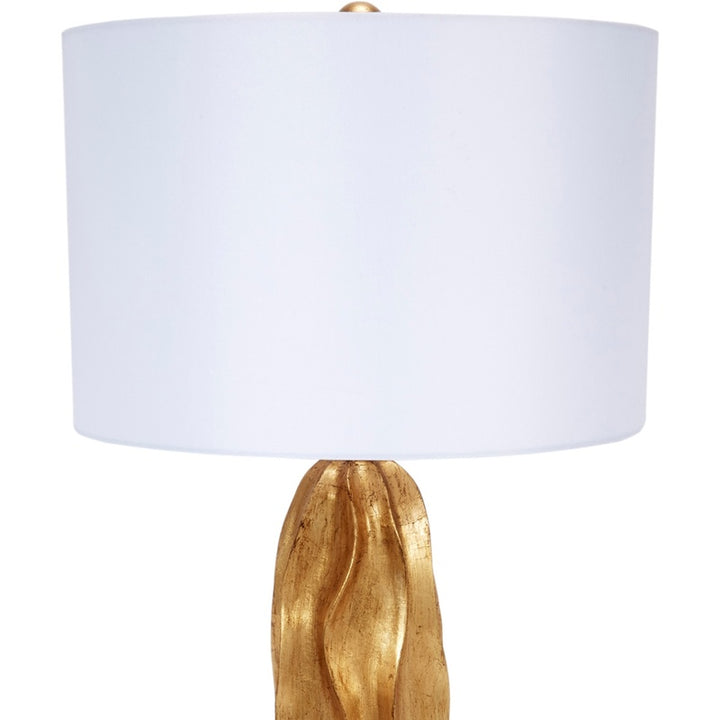 Gold leaf table lamp with white drum shade and rounded gold base