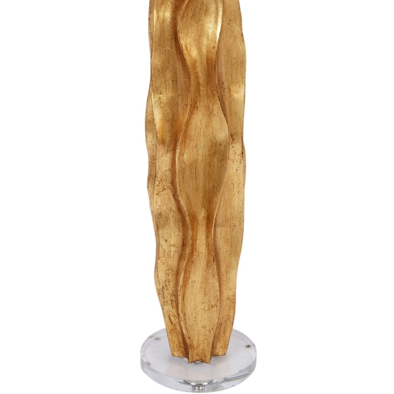 Gold leaf table lamp, tall gold sculpted base on round chrome stand