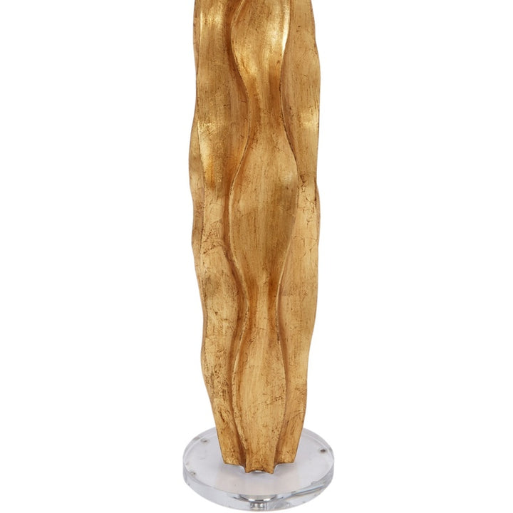 Gold leaf table lamp, tall gold sculpted base on round chrome stand