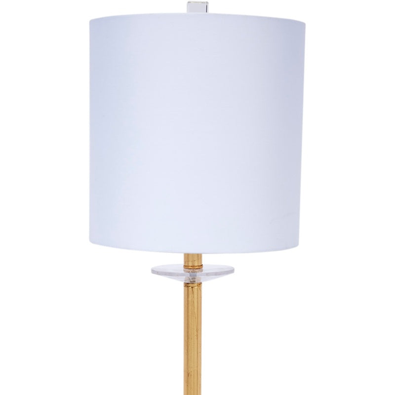 Gold crystal buffet lamp with white linen drum shade and clear crystal base