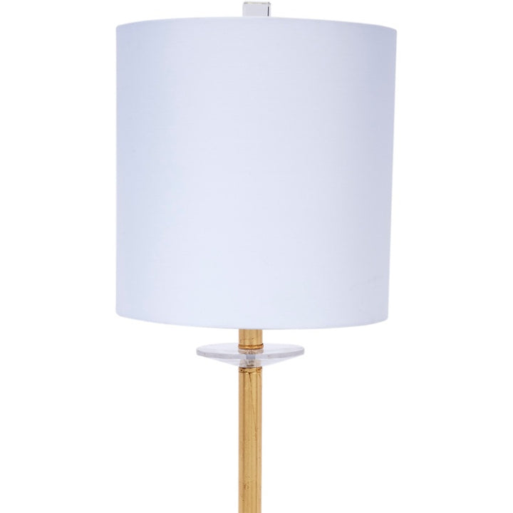 Gold crystal buffet lamp with white linen drum shade and clear crystal base