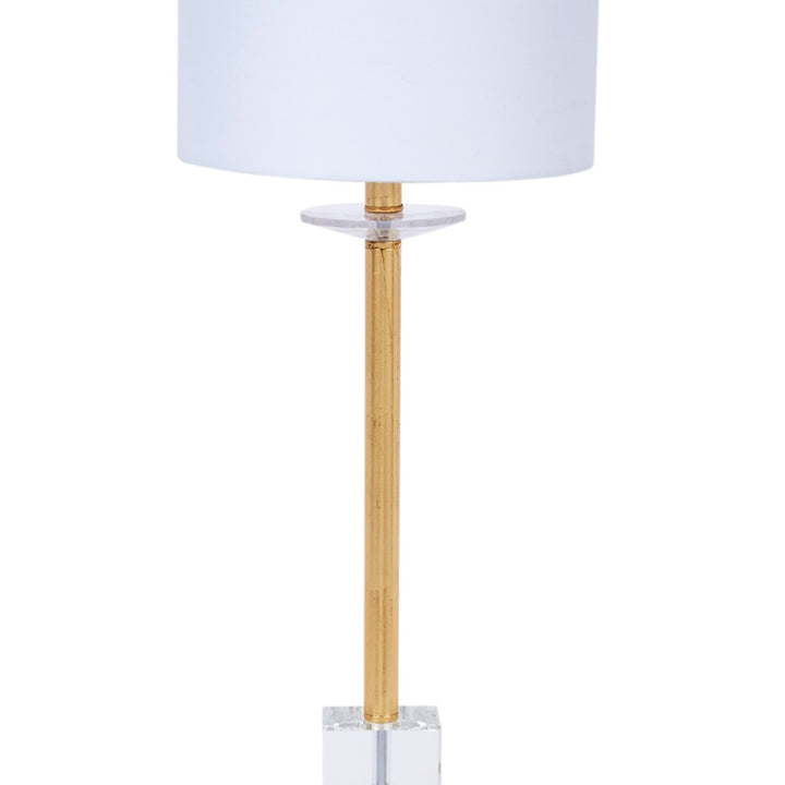 Gold crystal lamp with white drum shade and slim clear crystal top collar