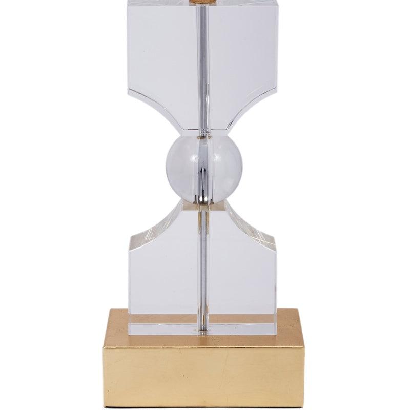 Silver table lamp with white shade, chrome crystal column and gold base