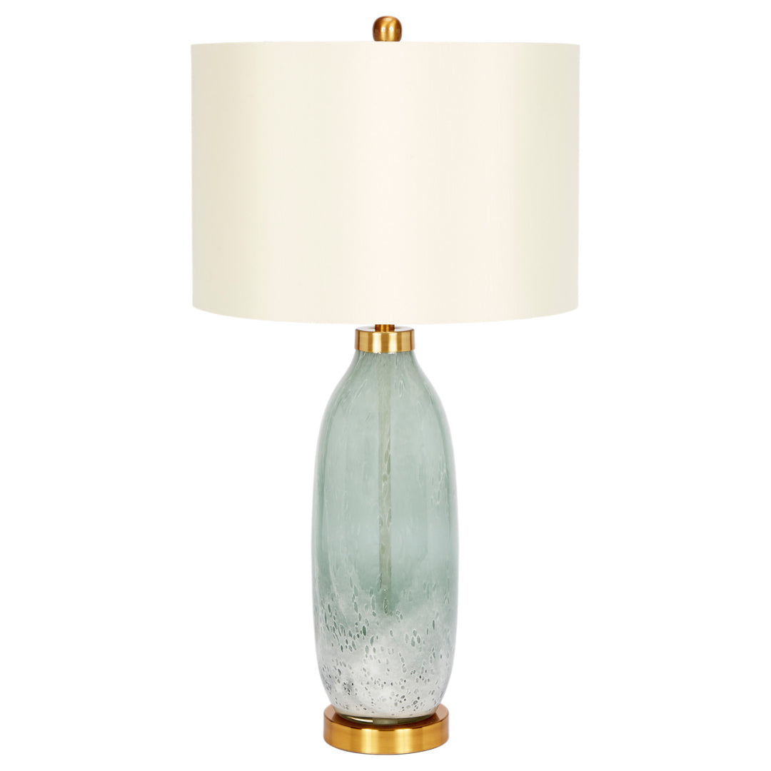 Carley handblown green glass table lamp with a sleek design, perfect for adding a pop of color and elegance to living rooms or bedrooms.