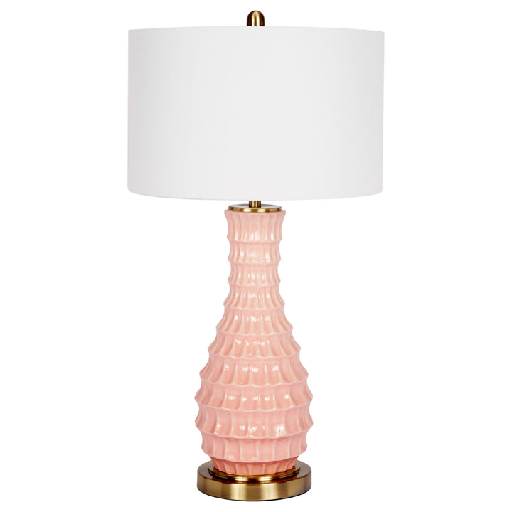 Charming Zara table lamp featuring a blush ceramic base and a soft linen shade, perfect for adding a touch of warmth to any living room or bedroom.