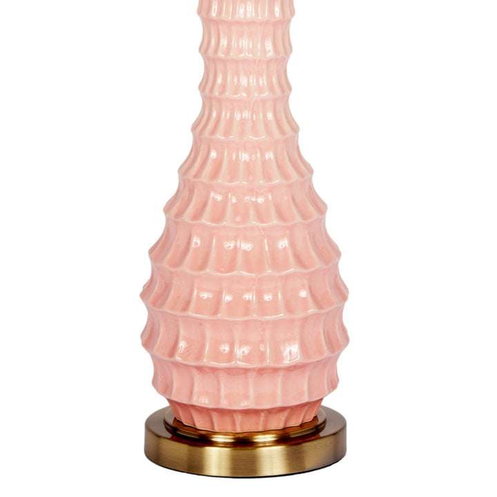 Blush ceramic table lamp with white shade and gold round base, lower view