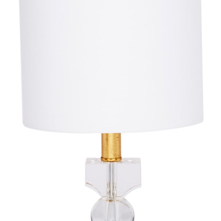 Mini lamp with white linen drum shade and clear crystal base