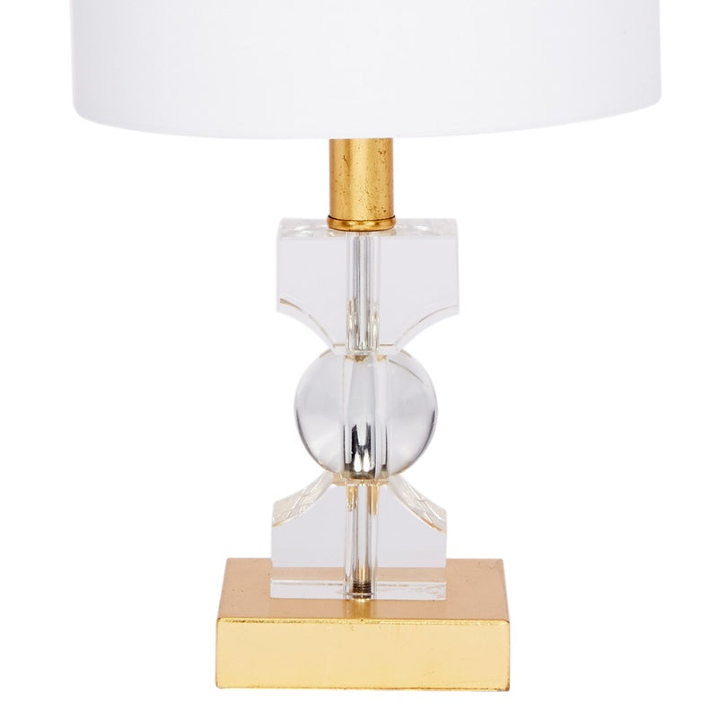 Mini lamp with white linen drum shade, clear crystal column and gold base