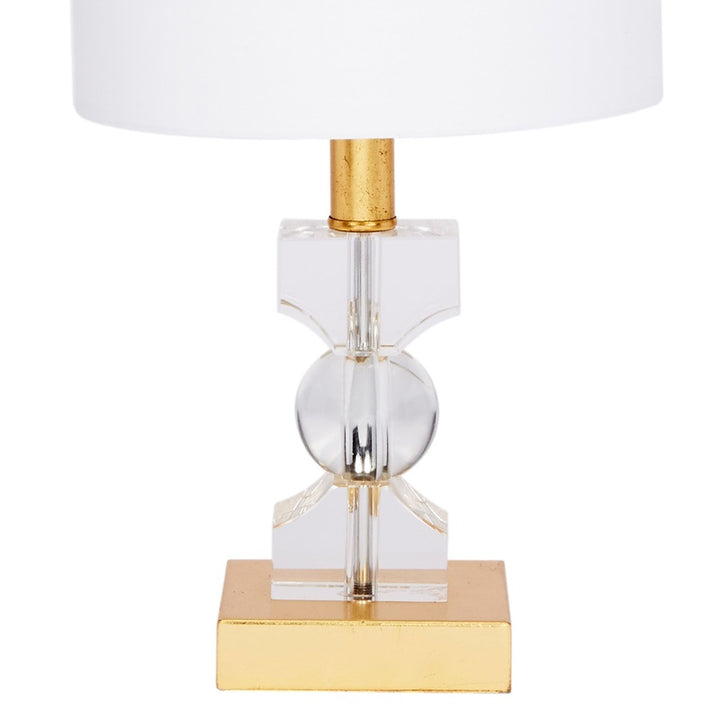 Mini lamp with white linen drum shade, clear crystal column and gold base