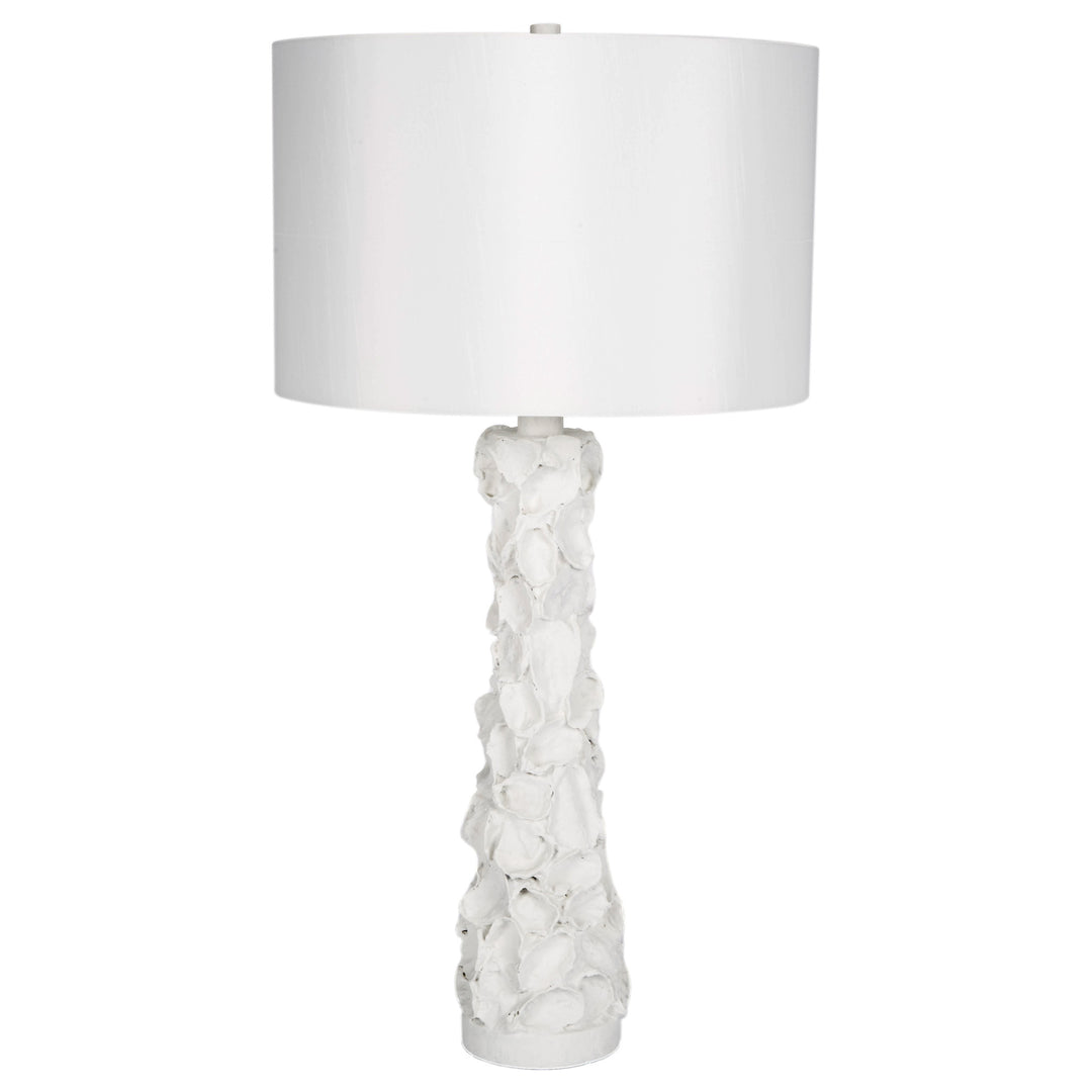 Elegant Oyster shell lamp featuring a white gesso base and linen shade, ideal for adding a sophisticated coastal touch to any room.