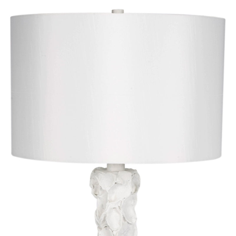 White oyster shell table lamp with linen drum shade, white gesso finish