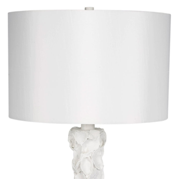 White oyster shell table lamp with linen drum shade, white gesso finish