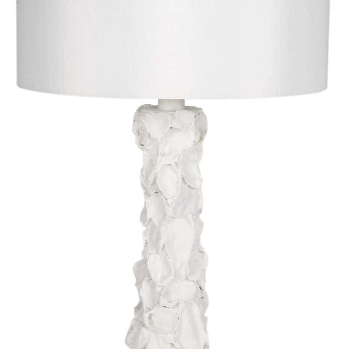 White oyster shell lamp base with white linen drum shade
