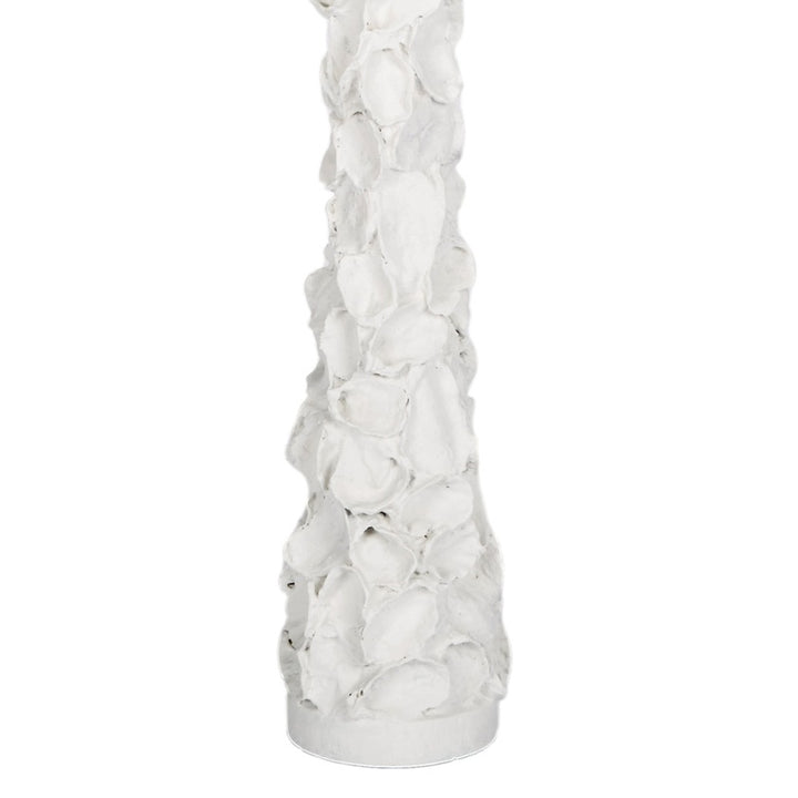 White gesso oyster shell lamp base, with top of white linen drum shade