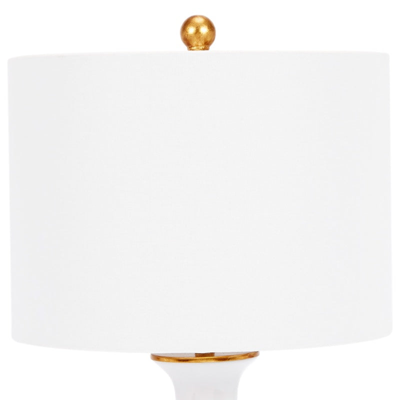 Klara table lamp with white linen shade and white ceramic base, gold accents