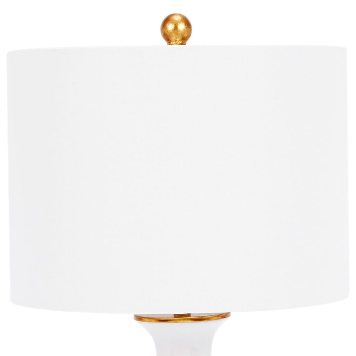 Klara table lamp with white linen shade and white ceramic base, gold accents