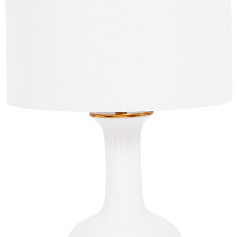 Klara table lamp, white linen shade over white ceramic column base with gold rim