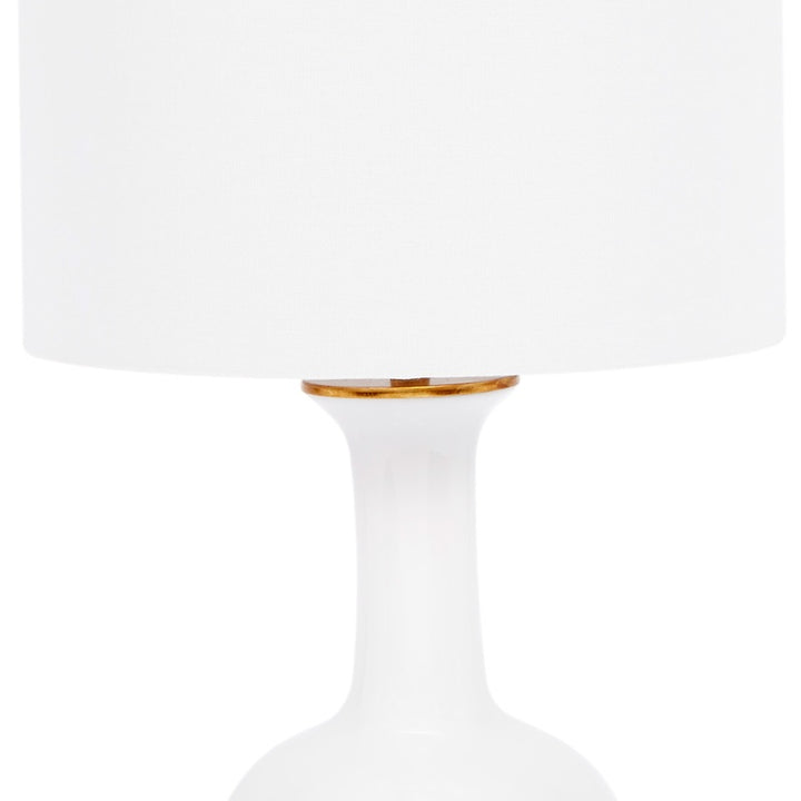 Klara table lamp, white linen shade over white ceramic column base with gold rim