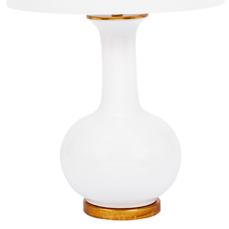 Klara table lamp with white linen shade, white ceramic globe base, gold bottom ring