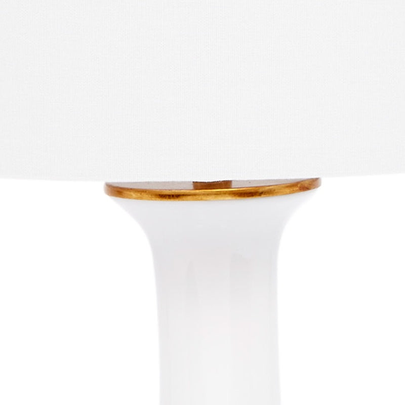 Klara table lamp top: white linen shade with gold rim and white ceramic neck