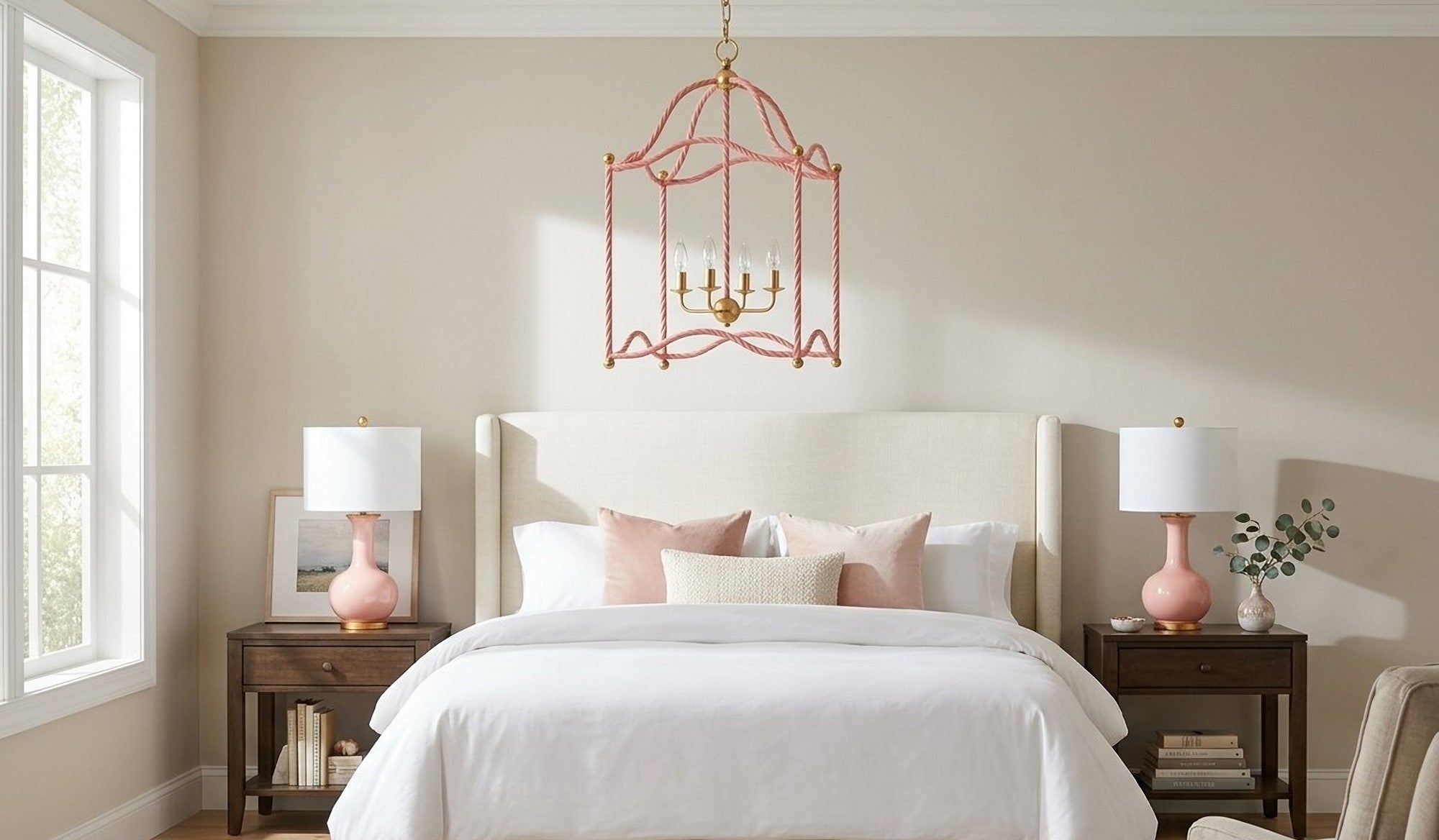 Neatly made bed with white bedding and pink lamps in a bedroom setting.