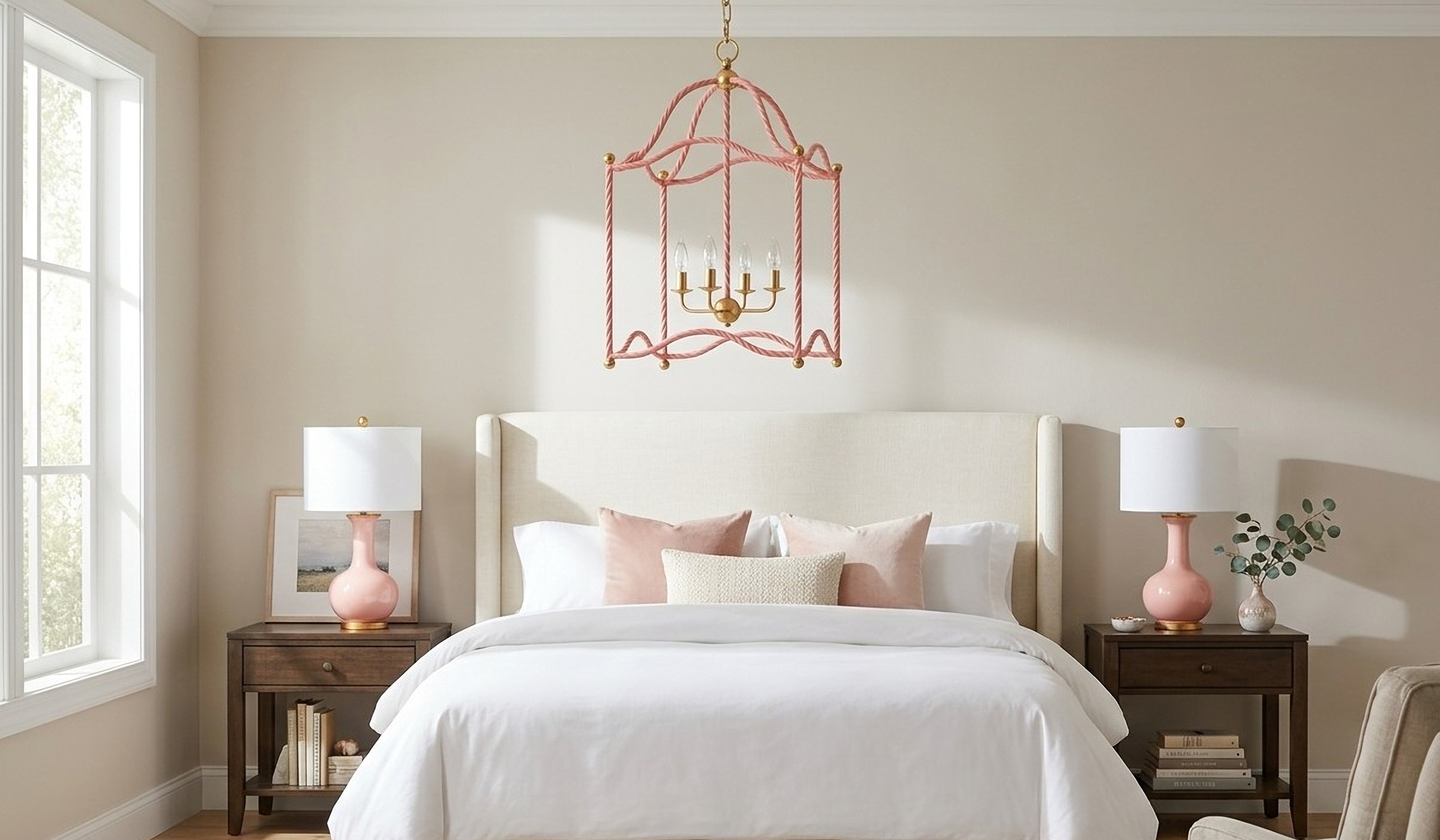 Neatly made bed with white bedding and pink lamps in a bedroom setting.
