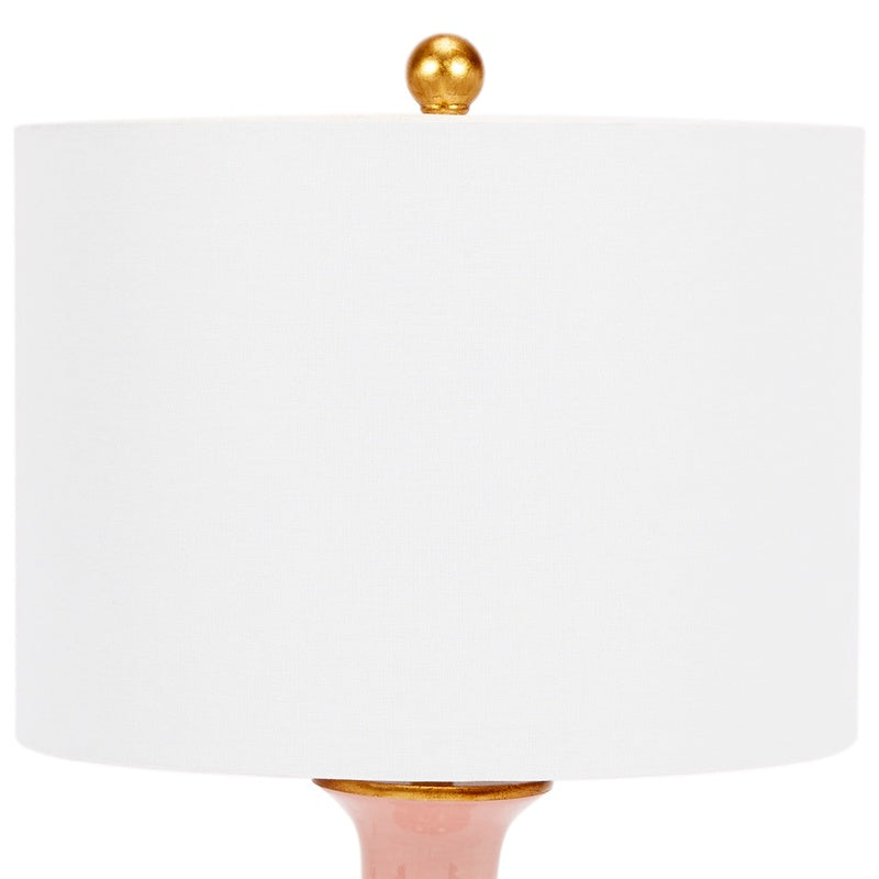 Blush ceramic table lamp with white linen shade and gold finial
