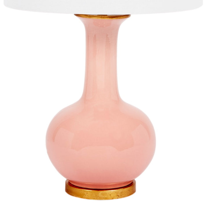 Blush ceramic urn base table lamp with white linen shade and gold trim