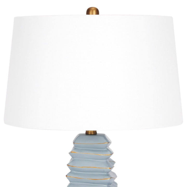 Table lamp: white shade, soft teal base with gold stripe detail