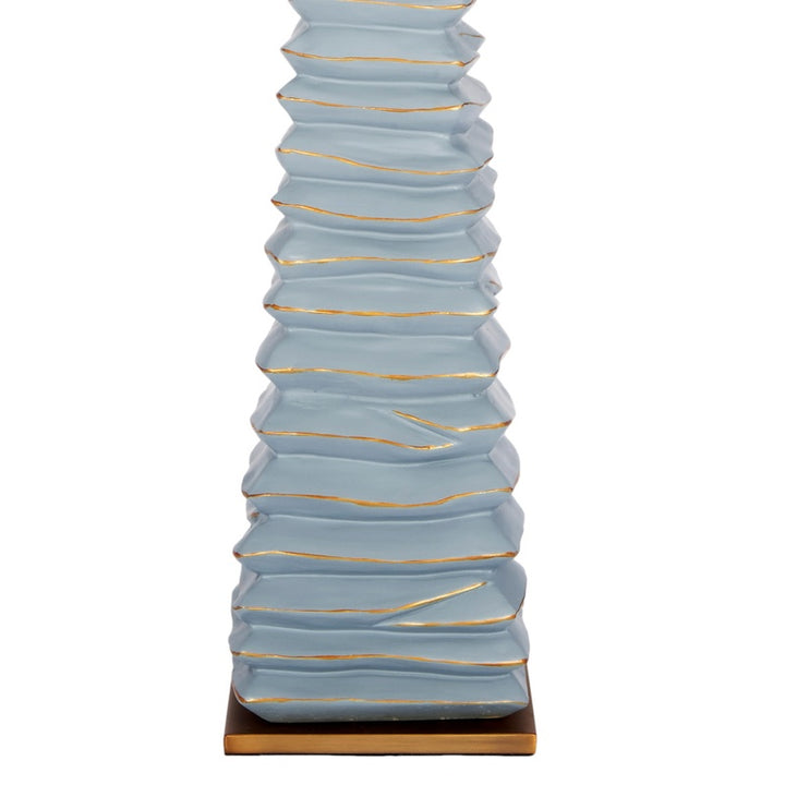 Table lamp base in soft teal with sculpted tiers and gold line accents