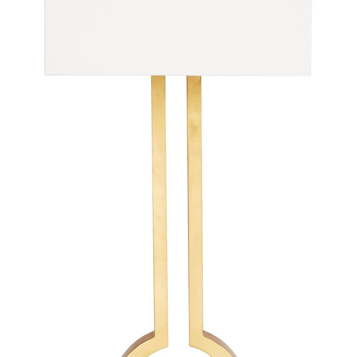 Linen lamp shade with gold leaf vertical supports, table lamp base section