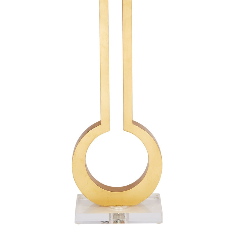 Gold table lamp with circular gold leaf base and linen shade top