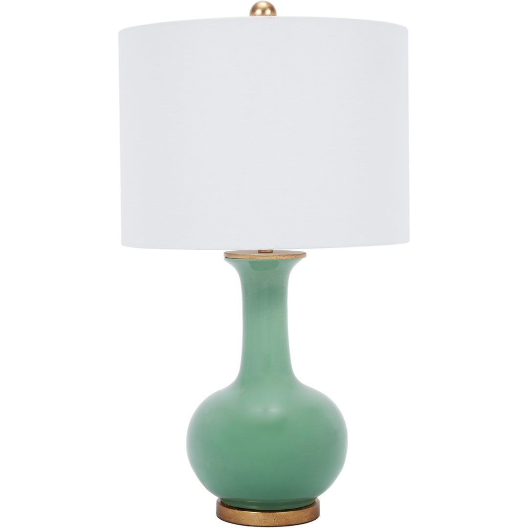 Modern green ceramic table lamp with white fabric shade and gold base.