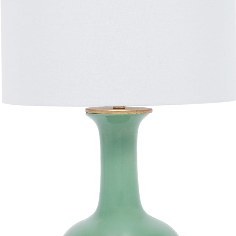 Green ceramic table lamp with white linen shade, rounded stem base