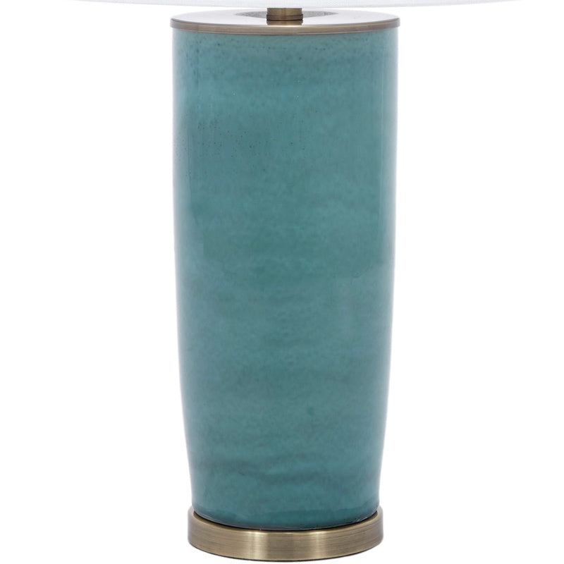 Blue teal ceramic table lamp with white linen shade and brass base ring