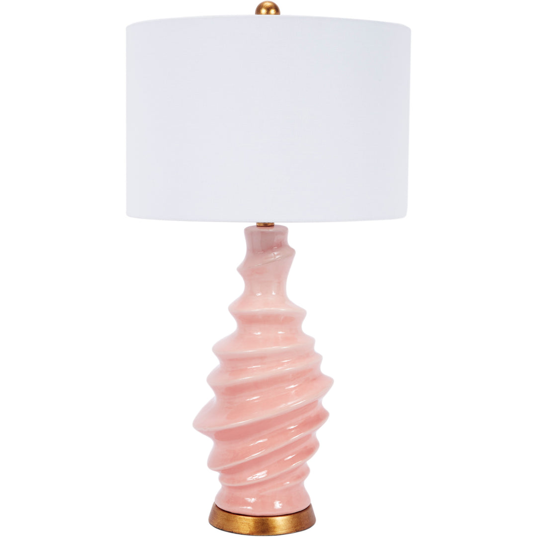 Delilah blush ceramic table lamp with a soft linen shade, perfect for adding a touch of elegance to bedrooms or living rooms.