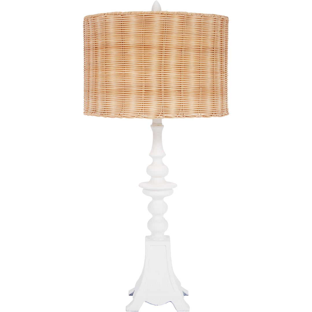 Stylish Penny white gesso and rattan table lamp, perfect for creating a warm, earthy ambiance in living rooms or bedrooms.
