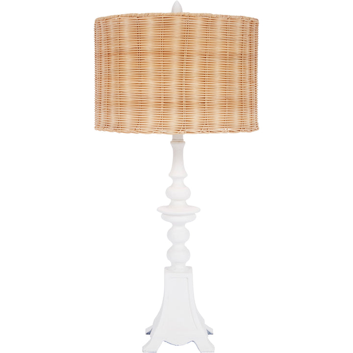 Stylish Penny white gesso and rattan table lamp, perfect for creating a warm, earthy ambiance in living rooms or bedrooms.