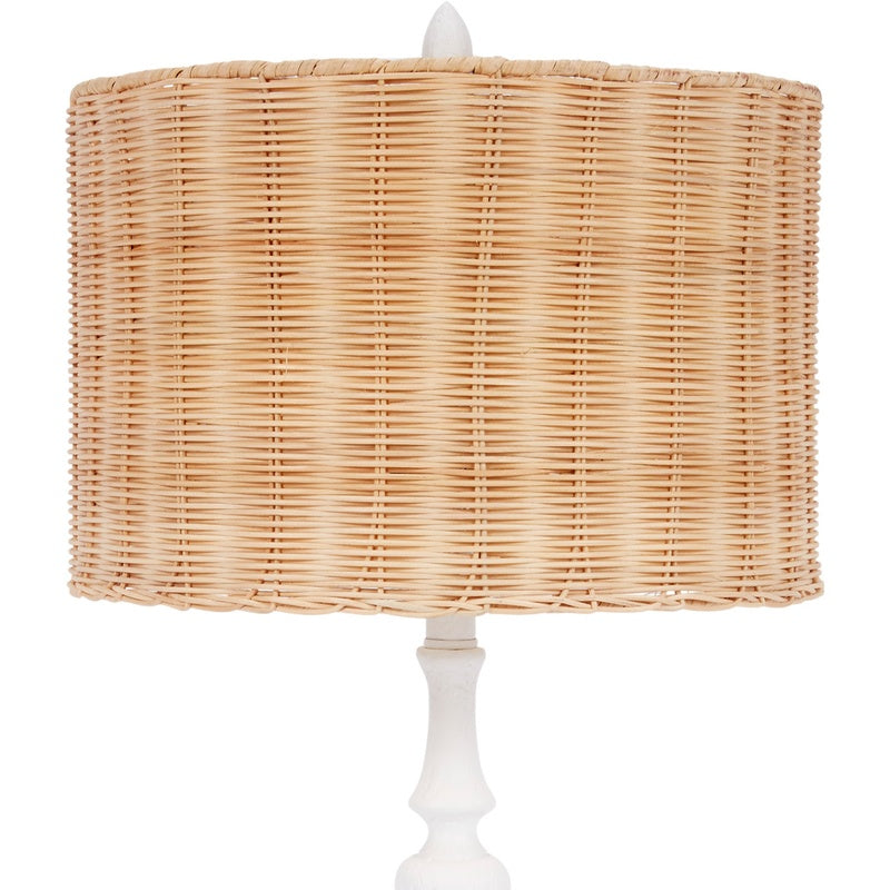 Rattan table lamp with woven shade and white gesso base