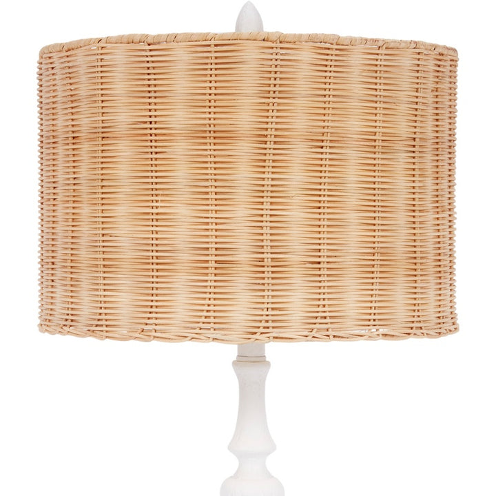 Rattan table lamp with woven shade and white gesso base