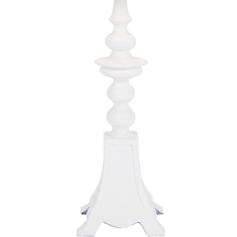 Table lamp with white gesso base and woven rattan shade top