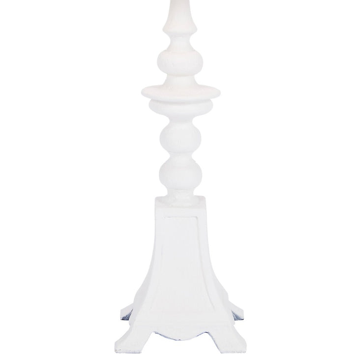 Table lamp with white gesso base and woven rattan shade top