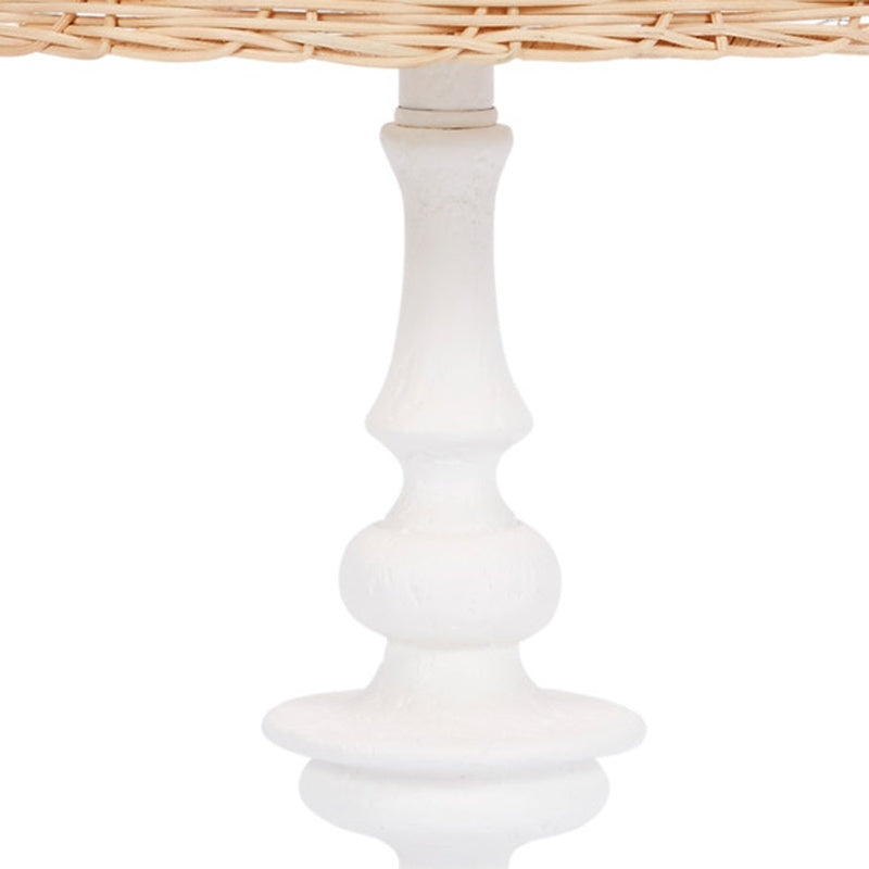 White gesso table lamp base with rattan shade edge