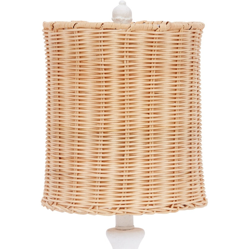 Poppy small table lamp with woven wicker drum shade and white gesso base