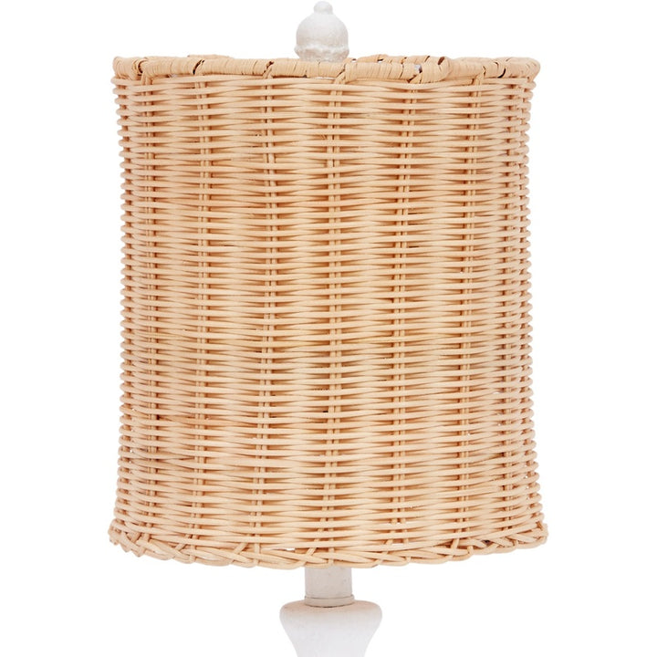 Poppy small table lamp with woven wicker drum shade and white gesso base